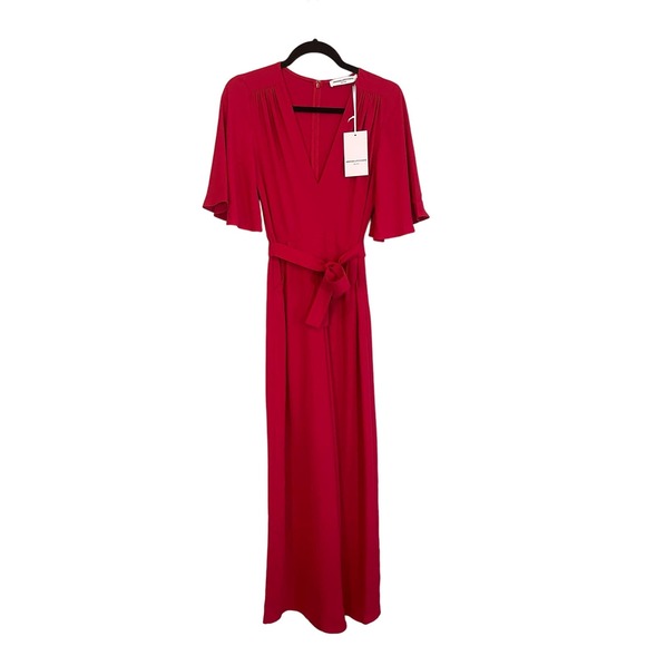 AMANDA UPRICHARD NY Jumpsuit Small V Neck Tie Belt Waist Flutter Sleeves Red NWT - Picture 1 of 7